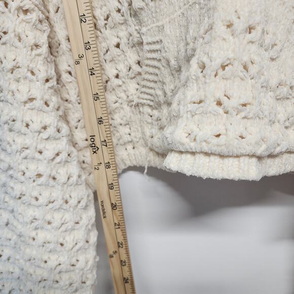 POL Flare Sleeve Oversized Sweater Size L Cream Crop Pointelle Hooded Chenille - Picture 8 of 14